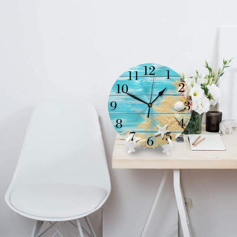 Abucaky Seashells Wall Clock with Wood Background, Battery Powered, Silent Ocean Theme Round Wall Decor for Home Office School 25cm - Image 3