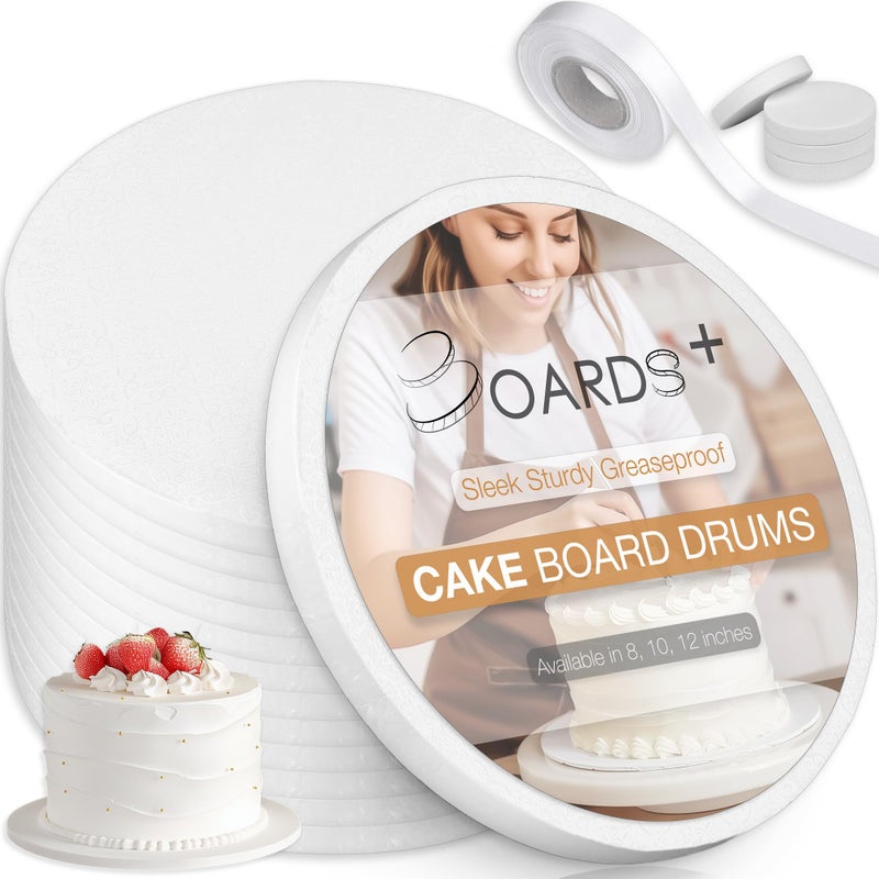 BOARDS Cake Drum 10 Inch 14 Pack  12 Thick Cake Rounds  Free Prop Up Tool  Matching Ribbon  Sturdy Greaseproof Seamless Cake Circles For Presenting HeavyTiered Cakes