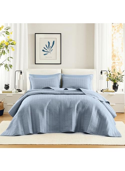 Comfort Spaces Comfort Spaces Queen QuiltAll Season Bedding Blue Bedspread with Double Sided Stitching Design Soft Summer Blanket Matching Shams Coverlet Kienna Collection 102x118 3 Piece 