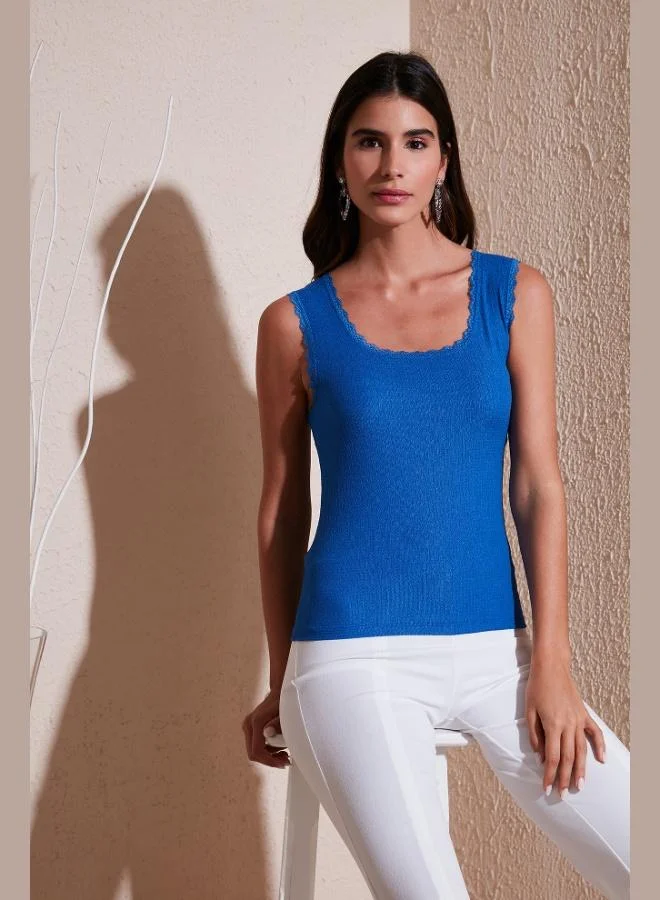 Lela Lela Slim Fit Thick Strap Lace Square Neck Crepe Tank Women's Tank Top 5864979