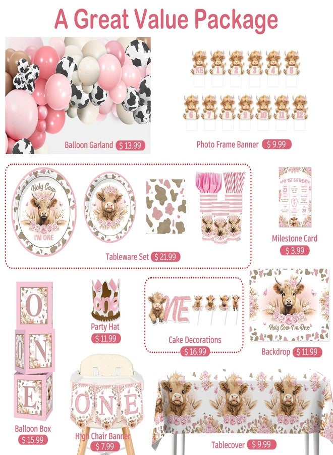 cocomigo 254pcs Holy Cow I'm One Birthday Decorations Complete Party Set, Highland Cow 1st Birthday Decorations Girl, for Cow Theme Girl 1st Party Supplies Serves 20 Guests - Image 3