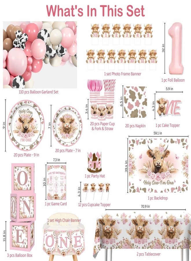cocomigo 254pcs Holy Cow I'm One Birthday Decorations Complete Party Set, Highland Cow 1st Birthday Decorations Girl, for Cow Theme Girl 1st Party Supplies Serves 20 Guests - Image 2