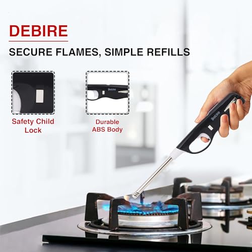 DEBIRE Gas Lighter for Kitchen Gas Stove, Plastic & Steel Long Candle Lighters, Durable, Refillable & Flame Adjustable, Built-in Safety Child Lock (Black, Pack of 1) - Image 3