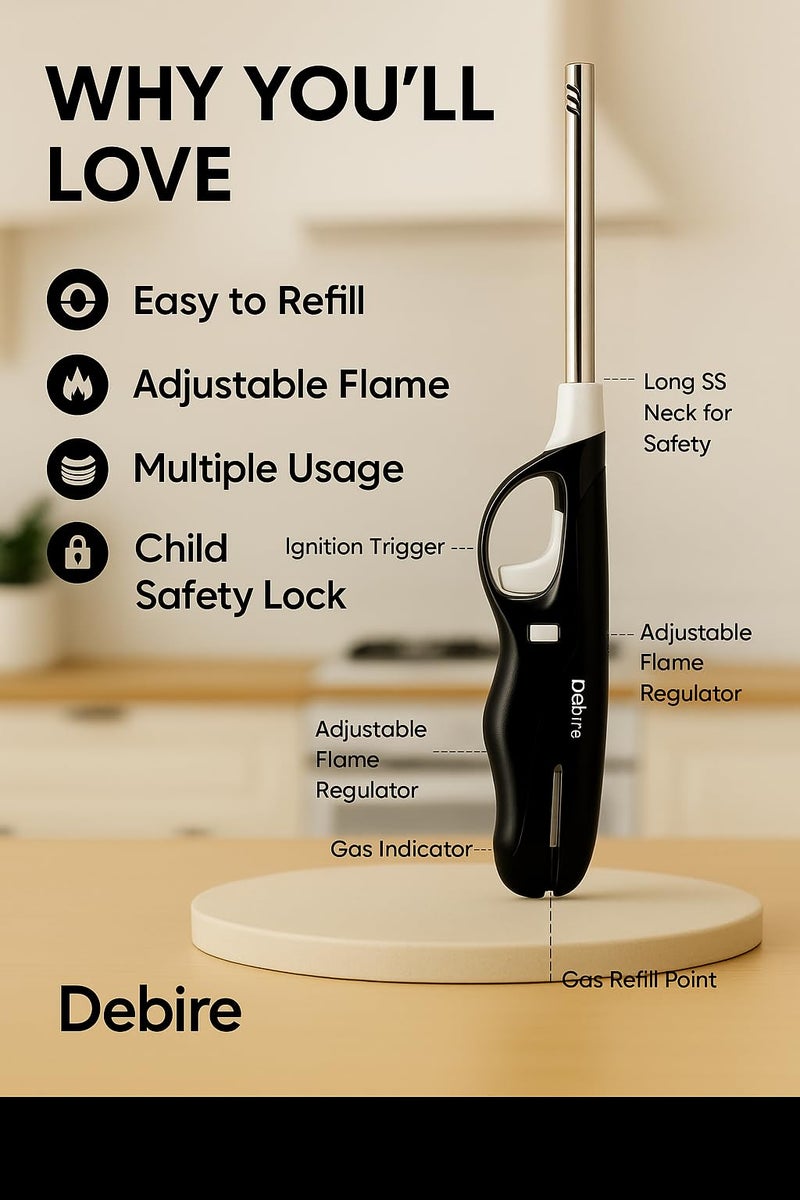 DEBIRE Gas Lighter for Kitchen Gas Stove, Plastic & Steel Long Candle Lighters, Durable, Refillable & Flame Adjustable, Built-in Safety Child Lock (Black, Pack of 1) - Image 5