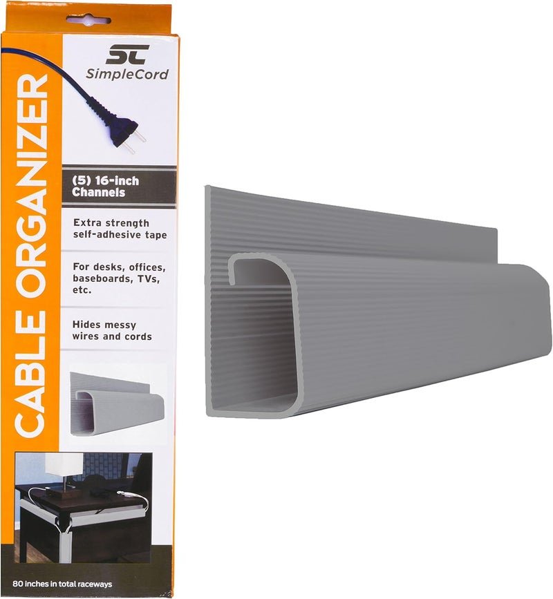 SimpleCord J Channel Desk Cable Organizer by SimpleCord – 5 Grey Raceway Channels - Gray Cord Cover Management Kit for Desks, Offices, and Kitchens - Image 1