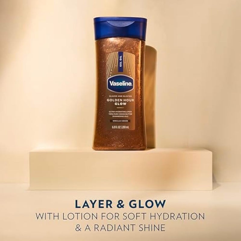 Vaseline Glazed and Glisten Golden Hour Body Gel Oil Glow Vanilla Cocoa Shimmering with Ultra-Hydrating Lipids and 100% Pure Cocoa Butter, 6.8 Oz - Image 4