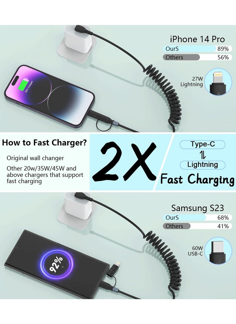 Coiled Lightning Cable Coiled USB C to USB C/Lightning Charger Cable 60W for iPhone 15 2-in-1 for iPhone/iPad/Android/Laptop Fast Charging Cord for CarPlay Android Auto Short USB C Cables - Image 3