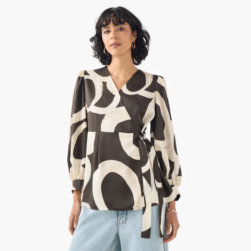 Iconic Iconic Printed V-neck Wrap Top with Long Sleeves and Tie-Up Detail