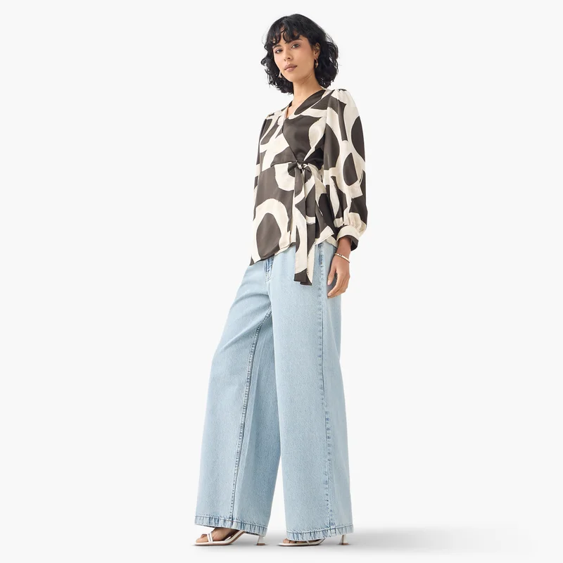 Iconic Iconic Printed V-neck Wrap Top with Long Sleeves and Tie-Up Detail