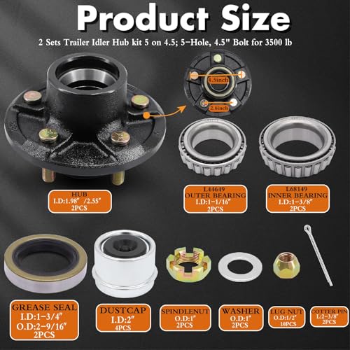 Taxutor 2 Sets Trailer 5 Lugs Idler Hub Kits 5 on 4.5，Trailer Axle Kit for 3500 lb 5 Lug Trailer Hub with Extra Dust Cap and Rubber Plug，Trailer Wheel Hub Kit - Image 5