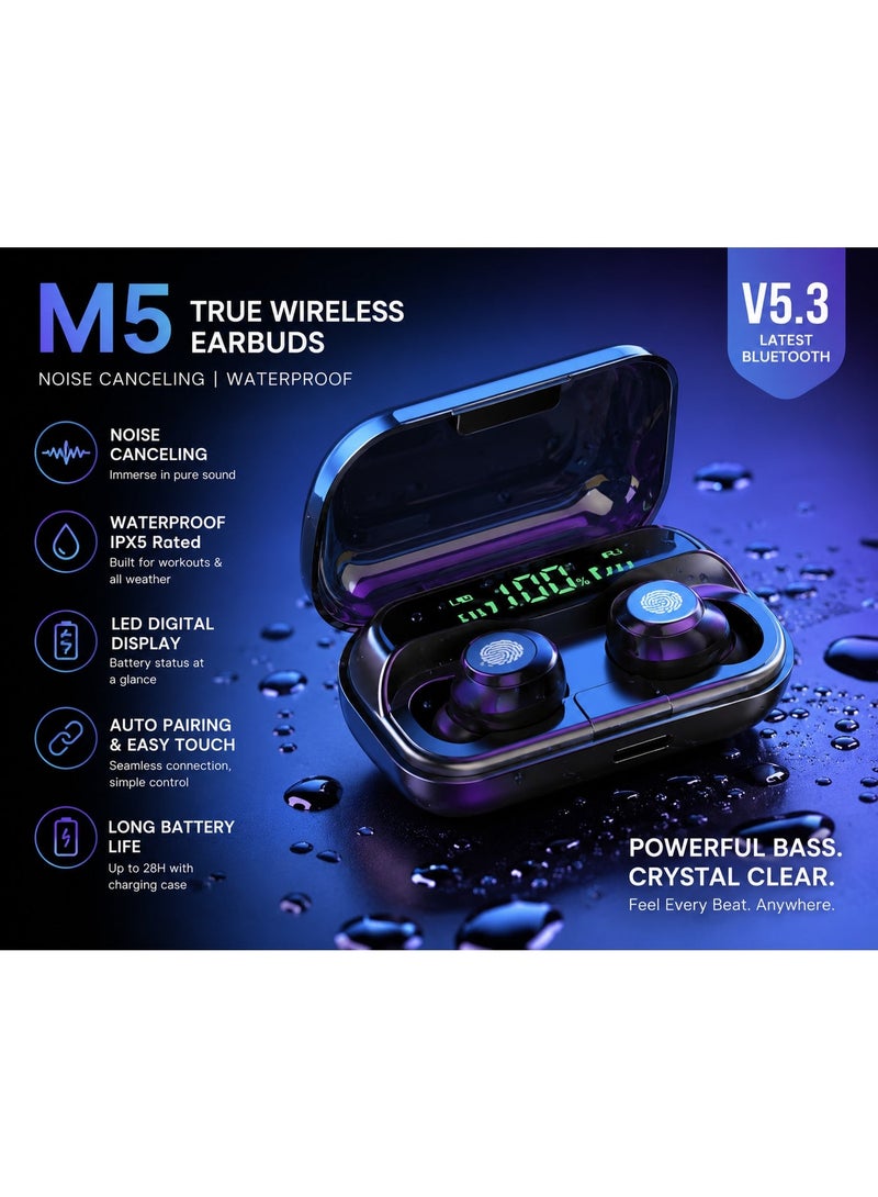 SoundCover Wireless Earphones, P20i 10mm Drivers with Big Bass True Wireless Earbuds, 30H Playtime, IPX5, 2 Mics for AI Clear Calls, 22 Preset EQs,  Black - Image 1