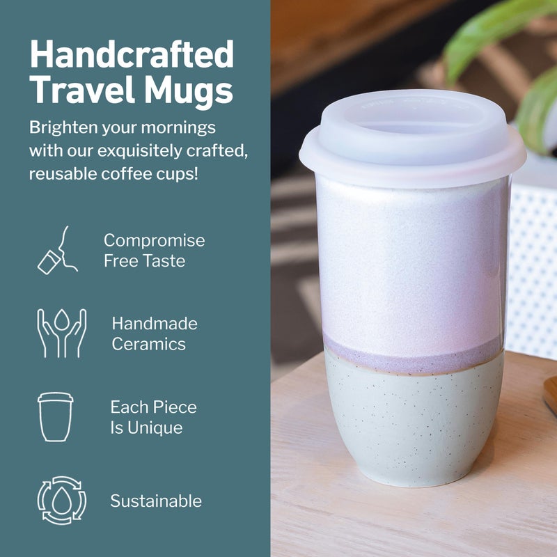 NOVA CERAMICS Coffee Travel Mug â€“ Reusable To Go Mug â€“ Microwave & Dishwasher Safe White & Purple Tumbler - Gifts For Women Men Him Her â€“ 16oz â€“ Horizon - Image 2