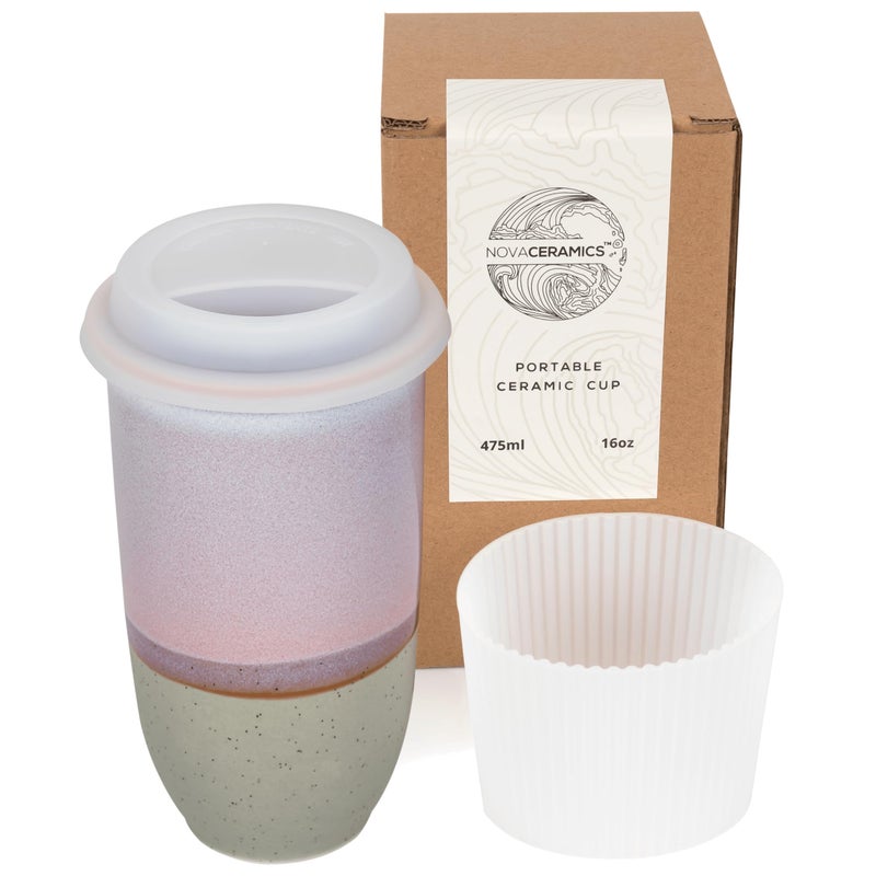 NOVA CERAMICS Coffee Travel Mug â€“ Reusable To Go Mug â€“ Microwave & Dishwasher Safe White & Purple Tumbler - Gifts For Women Men Him Her â€“ 16oz â€“ Horizon - Image 1