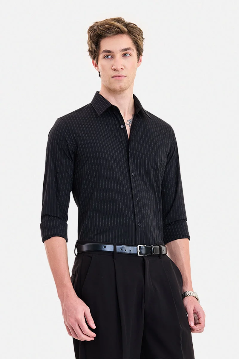 SNITCH Black Striped Long Sleeve Slim Fit Formal Luxe Shirt