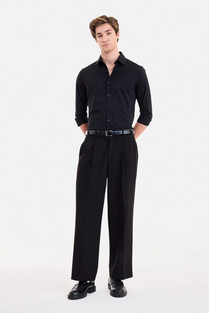 SNITCH Black Striped Long Sleeve Slim Fit Formal Luxe Shirt