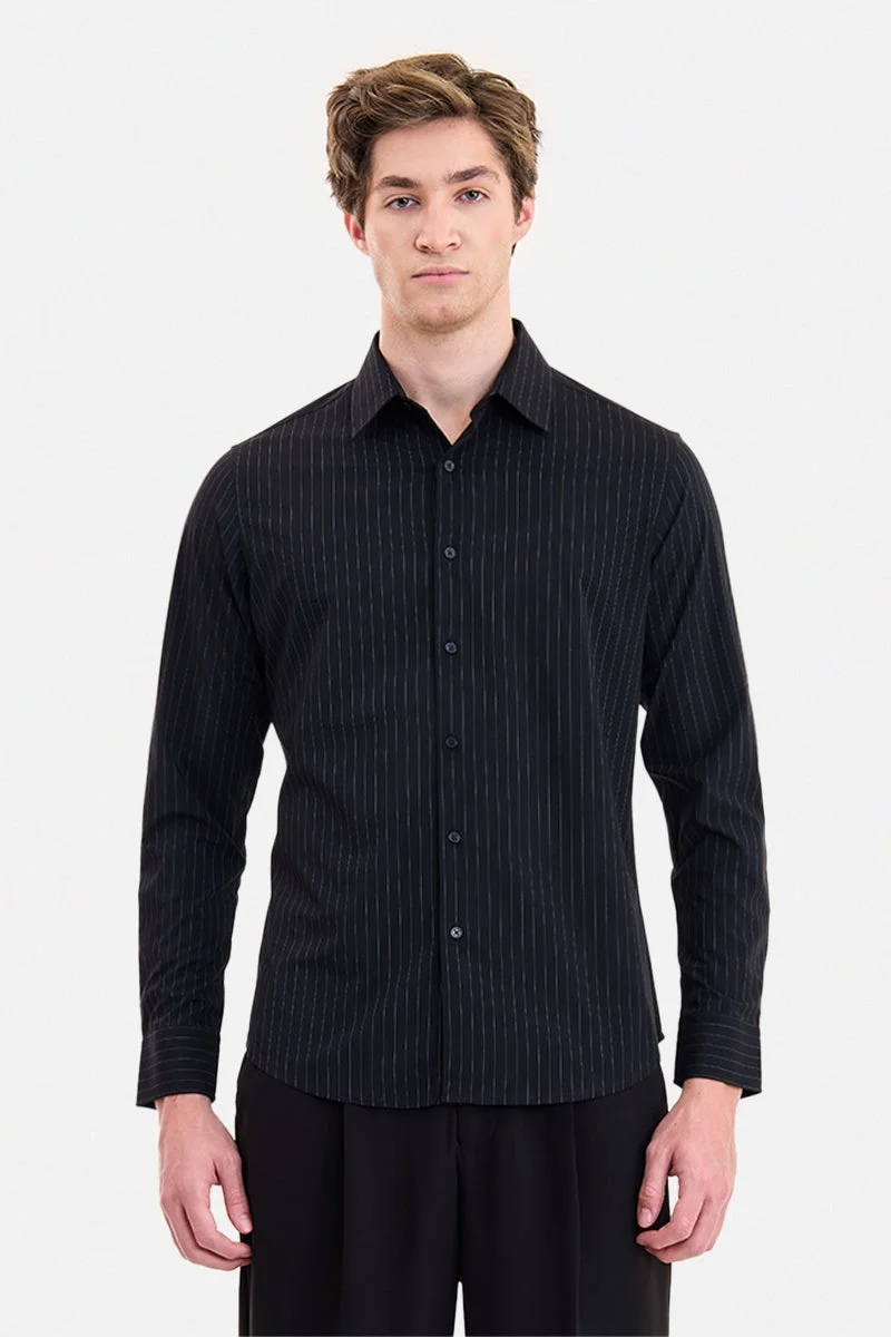 SNITCH Black Striped Long Sleeve Slim Fit Formal Luxe Shirt