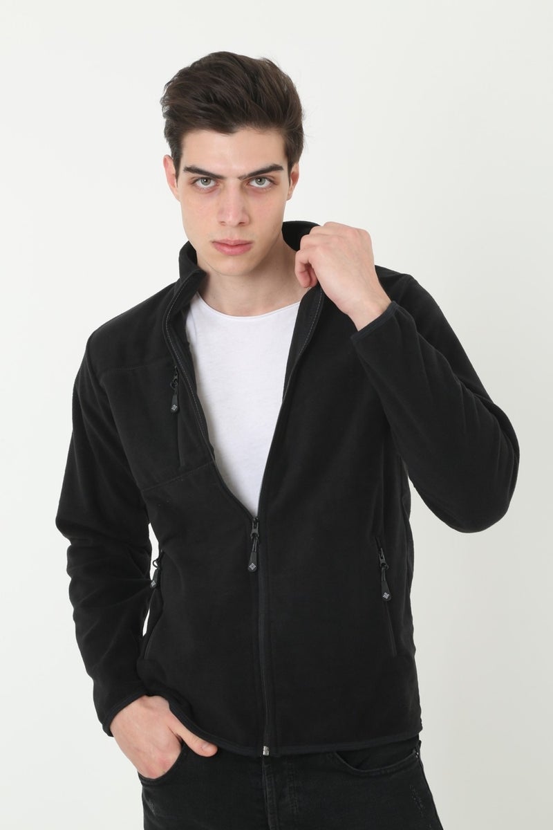 KMK Kombin KMK Combine Men's Black Sleeve Chest Detailed Zippered Polar Fleece Cardigan  - Image 1