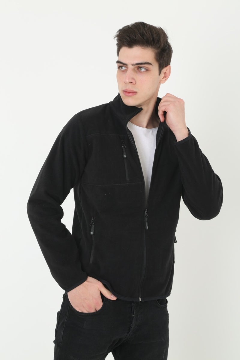 KMK Kombin KMK Combine Men's Black Sleeve Chest Detailed Zippered Polar Fleece Cardigan  - Image 2