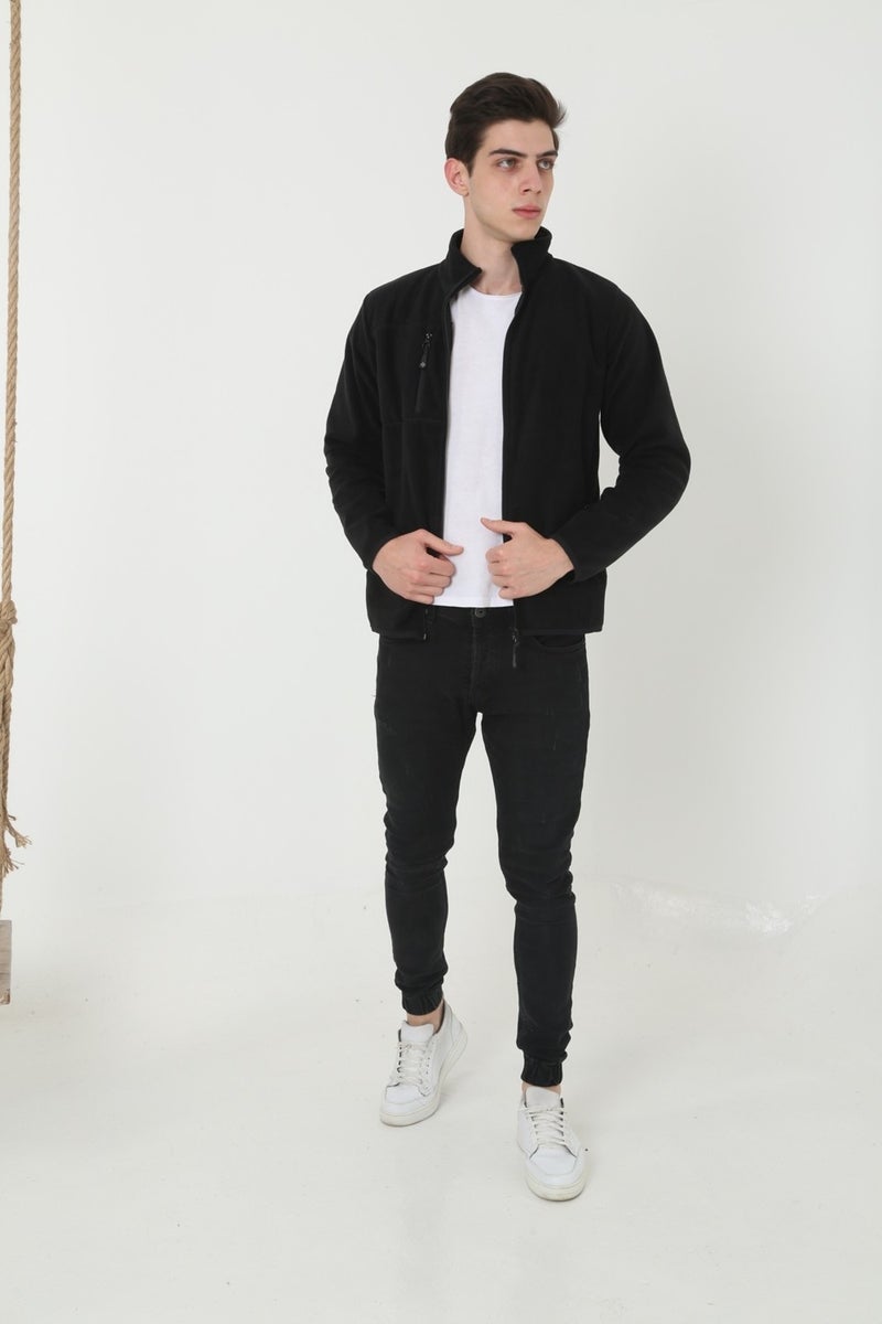 KMK Kombin KMK Combine Men's Black Sleeve Chest Detailed Zippered Polar Fleece Cardigan  - Image 4