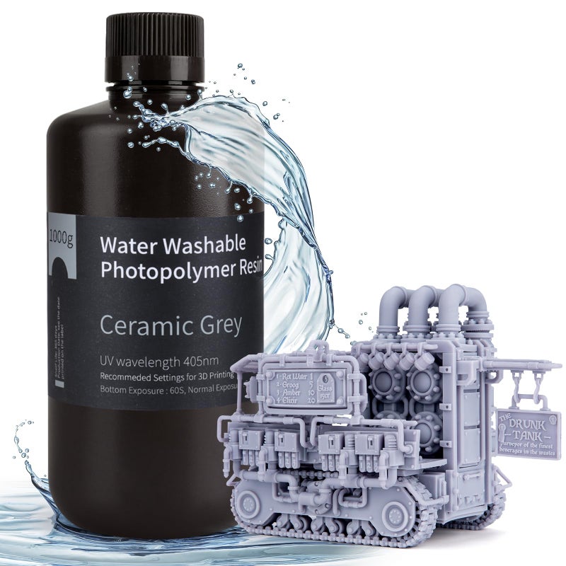 ELEGOO Water Washable 3D Printer Resin LCD UV-Curing Resin 405nm Standard Photopolymer Resin for Mars Saturn Jupiter MSLA DLP LCD 3D Printing 1000Gram Ceramic Grey - Image 1