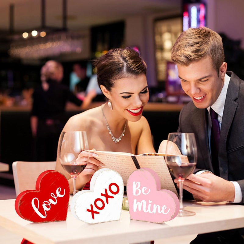 Sionoiur Valentines Day Heart Shaped Table Signs Decorations, Freestanding Wooden Love Be Mine Red Pink Valentineâ€™s Day Gifts Centerpieces for Tiered Tray Home Decor, Wedding Anniversary Party Supplies 3PCS - Image 5