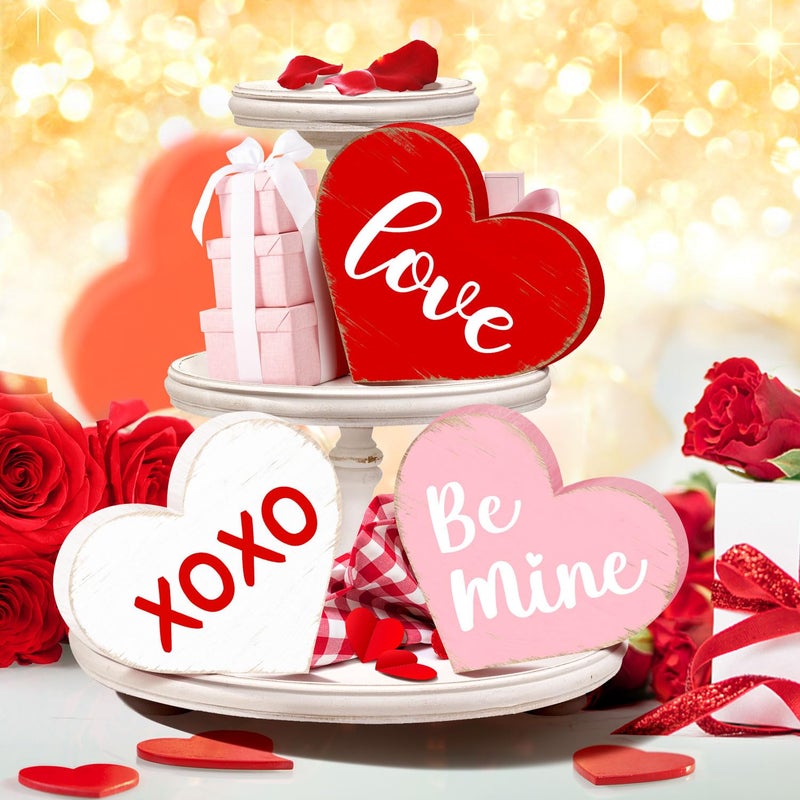 Sionoiur Valentines Day Heart Shaped Table Signs Decorations, Freestanding Wooden Love Be Mine Red Pink Valentineâ€™s Day Gifts Centerpieces for Tiered Tray Home Decor, Wedding Anniversary Party Supplies 3PCS - Image 3