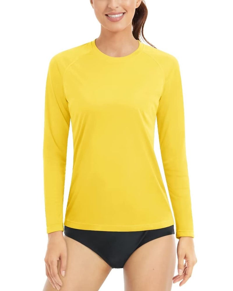 Boladeci Rash Guard for Women Long Sleeve SPF UPF 50 Sun Protection Lightweight Plain Workout Gym Athletic UV Swim Shirt Tees Yellow M Fishing Bathing Suit Adult - Image 1
