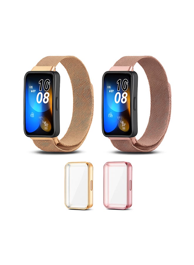 O Ozone (Pack of 2) Milanese Straps Compatible with Huawei Band 8 | Band 9 With TPU Watch Case, Magnetic Stainless Steel Mesh Replacement Strap Wristband Sport Band for Women Men- Rose Gold/Rose Pink - Image 1