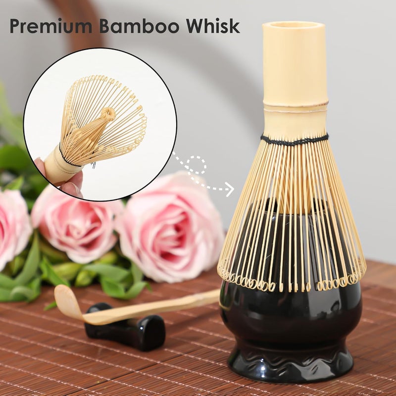 Beiyunee Matcha Whisk Set Matcha Kit - 7 Pcs Japanese Tea Set Includes Matcha Bowl with Spout,Bamboo Whisk with Ceramic Holder,Bamboo Scoop and Rest,Sifter,Tea Towel, for Ceremony Matcha Lovers Gift,Black - Image 4