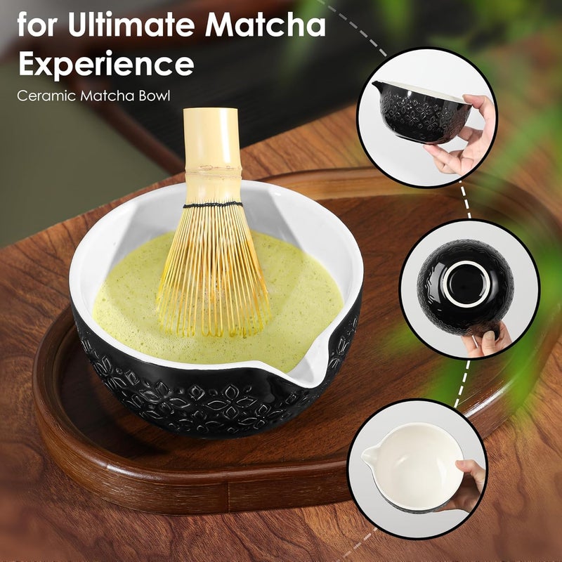 Beiyunee Matcha Whisk Set Matcha Kit - 7 Pcs Japanese Tea Set Includes Matcha Bowl with Spout,Bamboo Whisk with Ceramic Holder,Bamboo Scoop and Rest,Sifter,Tea Towel, for Ceremony Matcha Lovers Gift,Black - Image 3