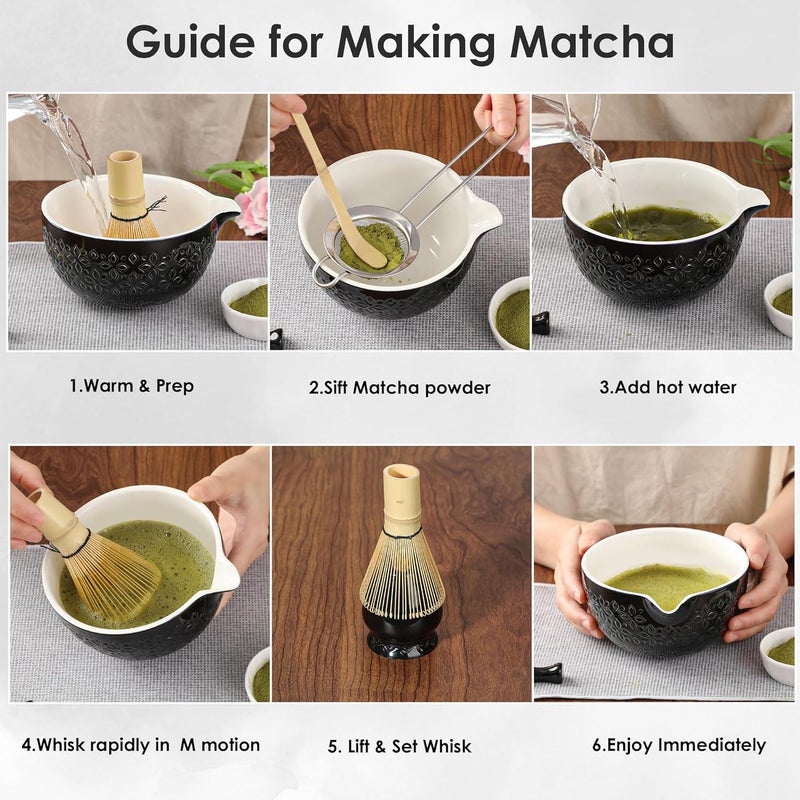 Beiyunee Matcha Whisk Set Matcha Kit - 7 Pcs Japanese Tea Set Includes Matcha Bowl with Spout,Bamboo Whisk with Ceramic Holder,Bamboo Scoop and Rest,Sifter,Tea Towel, for Ceremony Matcha Lovers Gift,Black - Image 5