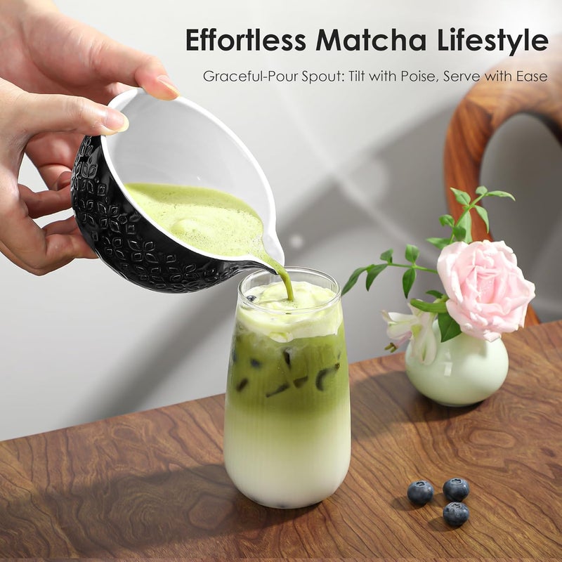 Beiyunee Matcha Whisk Set Matcha Kit - 7 Pcs Japanese Tea Set Includes Matcha Bowl with Spout,Bamboo Whisk with Ceramic Holder,Bamboo Scoop and Rest,Sifter,Tea Towel, for Ceremony Matcha Lovers Gift,Black - Image 2