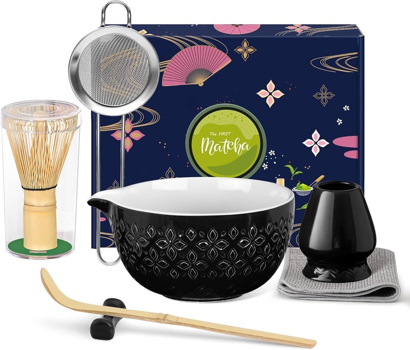 Beiyunee Matcha Whisk Set Matcha Kit - 7 Pcs Japanese Tea Set Includes Matcha Bowl with Spout,Bamboo Whisk with Ceramic Holder,Bamboo Scoop and Rest,Sifter,Tea Towel, for Ceremony Matcha Lovers Gift,Black - Image 1
