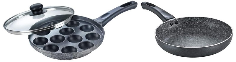 Prestige Omega Select Plus Non-Stick Paniyarakkal with Lid (240 mm, Black)- Gas Top Compatible only & Omega Deluxe Aluminium Granite Fry Pan, 200mm (Omelette Pan), Black Combo - Image 1