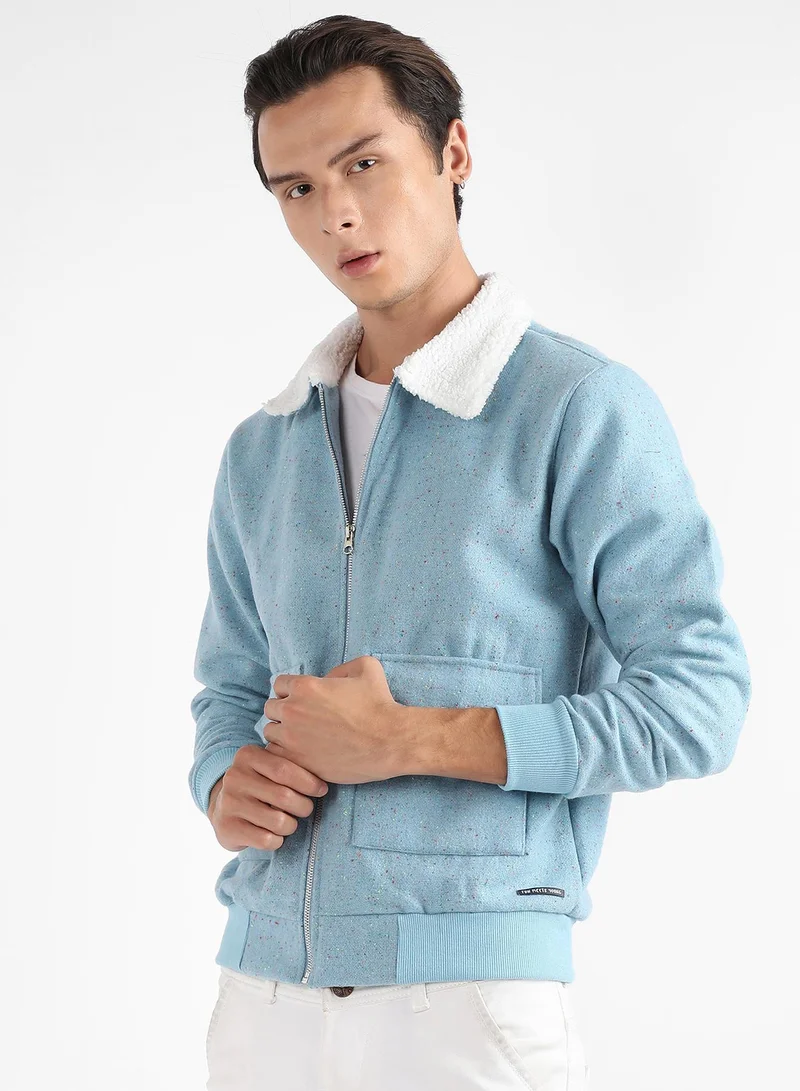 Campus Sutra Men's Light Blue Zip-Front Jacket With Fleece Collar