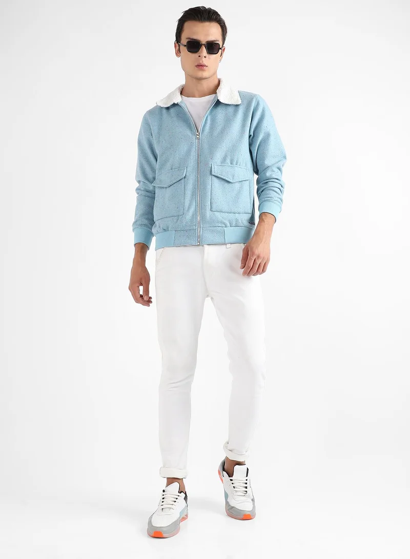 Campus Sutra Men's Light Blue Zip-Front Jacket With Fleece Collar