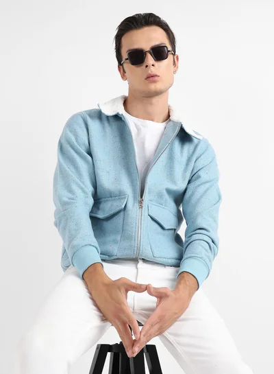 Campus Sutra Men's Light Blue Zip-Front Jacket With Fleece Collar