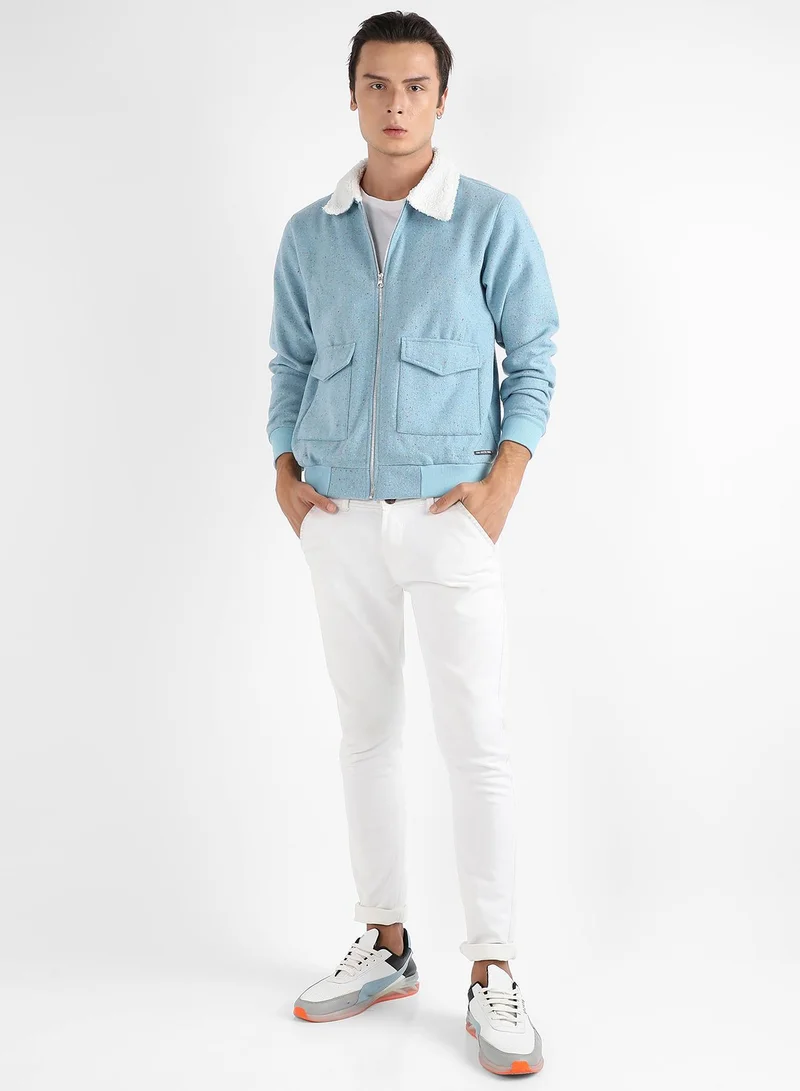 Campus Sutra Men's Light Blue Zip-Front Jacket With Fleece Collar