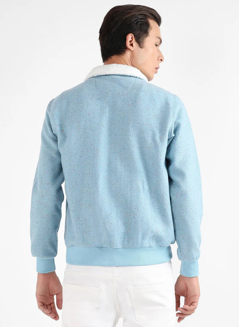 Campus Sutra Men's Light Blue Zip-Front Jacket With Fleece Collar