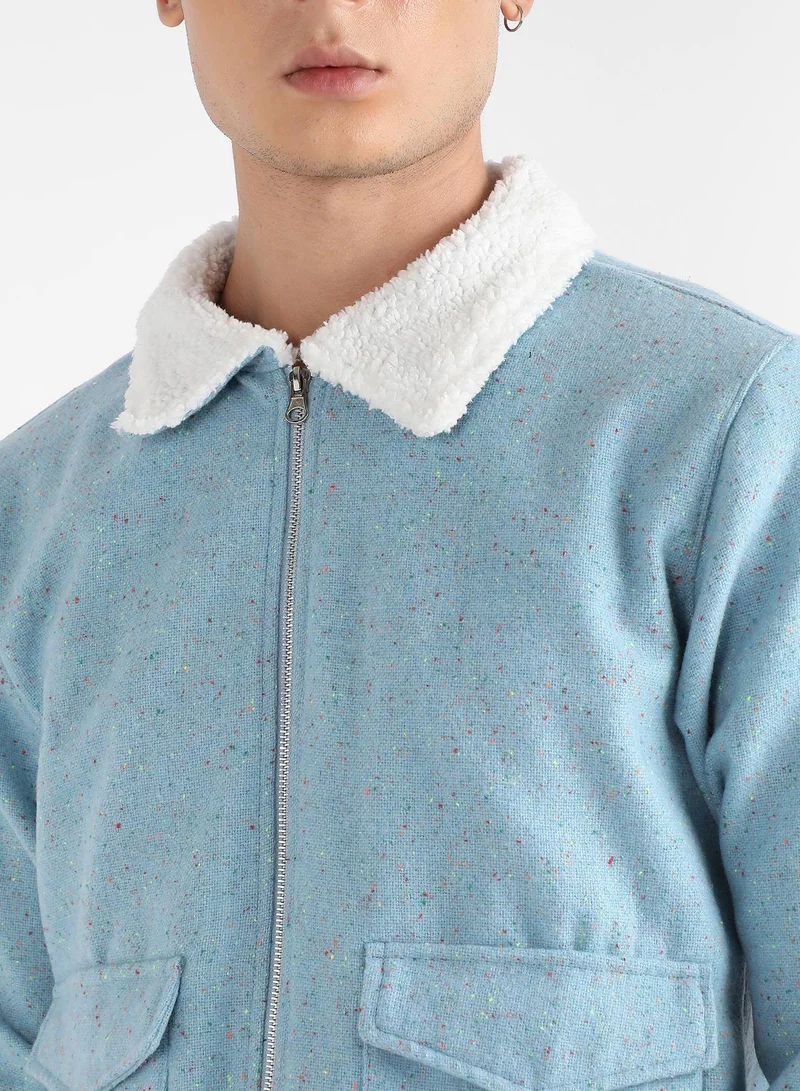 Campus Sutra Men's Light Blue Zip-Front Jacket With Fleece Collar