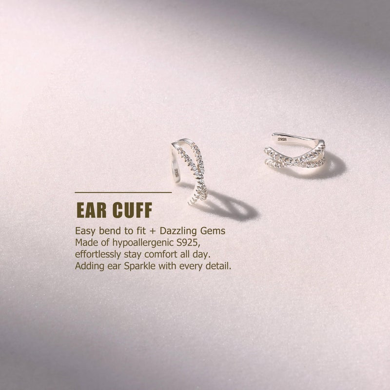 KRFY 2Pcs Adjustable Ear Cuff S925 Sterling Silver Ear Cuffs Non Piercing Cuff Earrings for Women Silver 5A Cubic Zirconia Clip On Cartilage Helix Conch Fake Earrings Hypoallergenic - Image 2