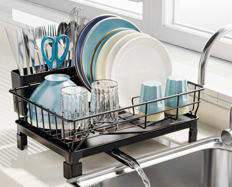 GSlife Dish Drying Rack for Kitchen Counter or in Sink - Small Dish Rack for RV and Small Apartment Counter Top Space, Compact Dish Drainer with Utensil Holder and Drain Spout, Black - Image 1