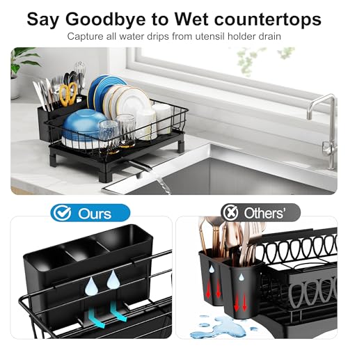 GSlife Dish Drying Rack for Kitchen Counter or in Sink - Small Dish Rack for RV and Small Apartment Counter Top Space, Compact Dish Drainer with Utensil Holder and Drain Spout, Black - Image 5