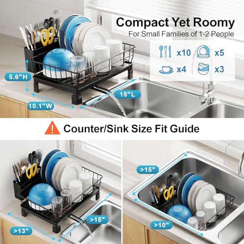 GSlife Dish Drying Rack for Kitchen Counter or in Sink - Small Dish Rack for RV and Small Apartment Counter Top Space, Compact Dish Drainer with Utensil Holder and Drain Spout, Black - Image 2