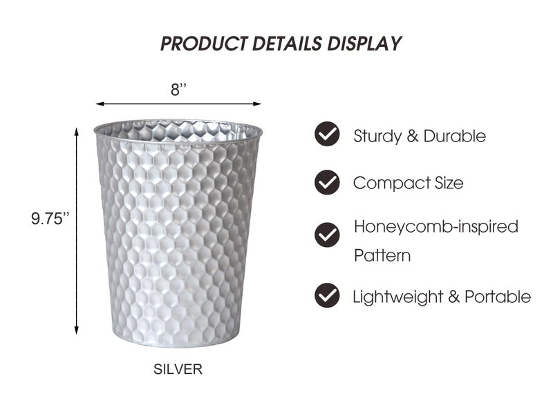 Venalys Small Metal Trash Can Wastebasket, Decorative Honeycomb Garbage Can Waste Basket, Modern Farmhouse Round Trash Bin for Bathroom, Bedroom, Kitchen and Office (Silver) - Image 5