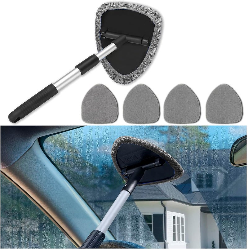 Couslcd Windshield Cleaner Tool - Portable Car Interior Window Cleaning Kit with Extendable Handle, 4 Microfiber Towel Pads, Auto Glass Wiper for Windshield, Universal for RV, SUV, Truck (Gray) - Image 1