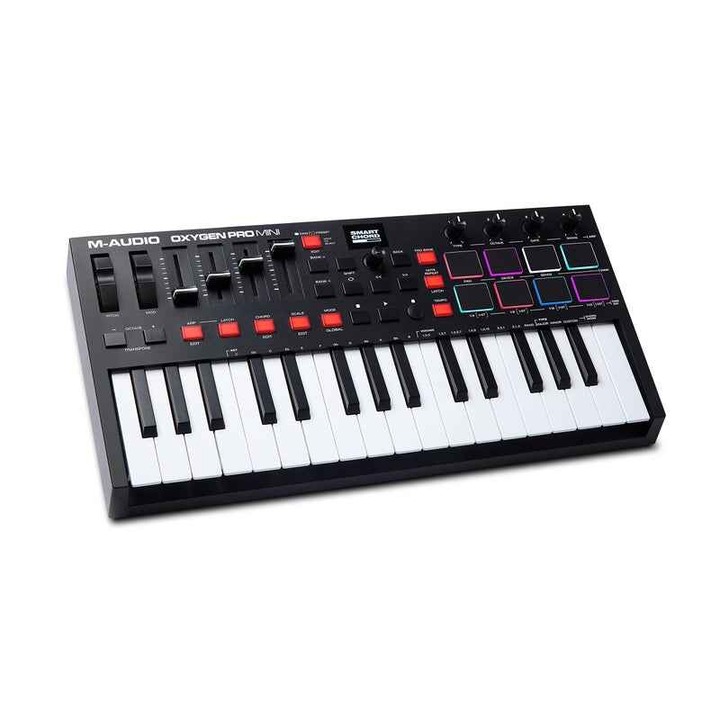 M-Audio Oxygen Pro Mini – 32 Key USB MIDI Keyboard Controller With Beat Pads, MIDI assignable Knobs, Buttons & Faders and Software Suite Included - Image 1