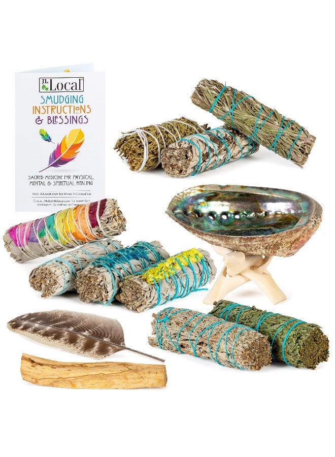 JL Local 10 Sage Smudge Kit - Flower Sage, White Sage, Blue Sage, Yerba Santa, Cedar, Juniper & Palo Santo Smudge Sticks, Abalone - Image 1