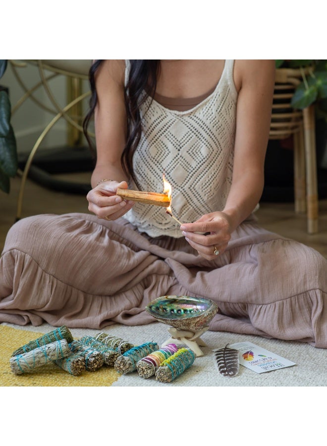 JL Local 10 Sage Smudge Kit - Flower Sage, White Sage, Blue Sage, Yerba Santa, Cedar, Juniper & Palo Santo Smudge Sticks, Abalone - Image 3