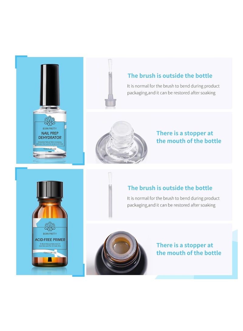 Born Pretty Nail Dehydrate and Primer, 15ml HEMA&TPO Free Dehydrator for Acrylic and Gel Nail Polish, Non Acid Primer for U V Gels, No Burn Fast Air Dry Nail Prep Dehydrator Set, 0.5oz - Image 1